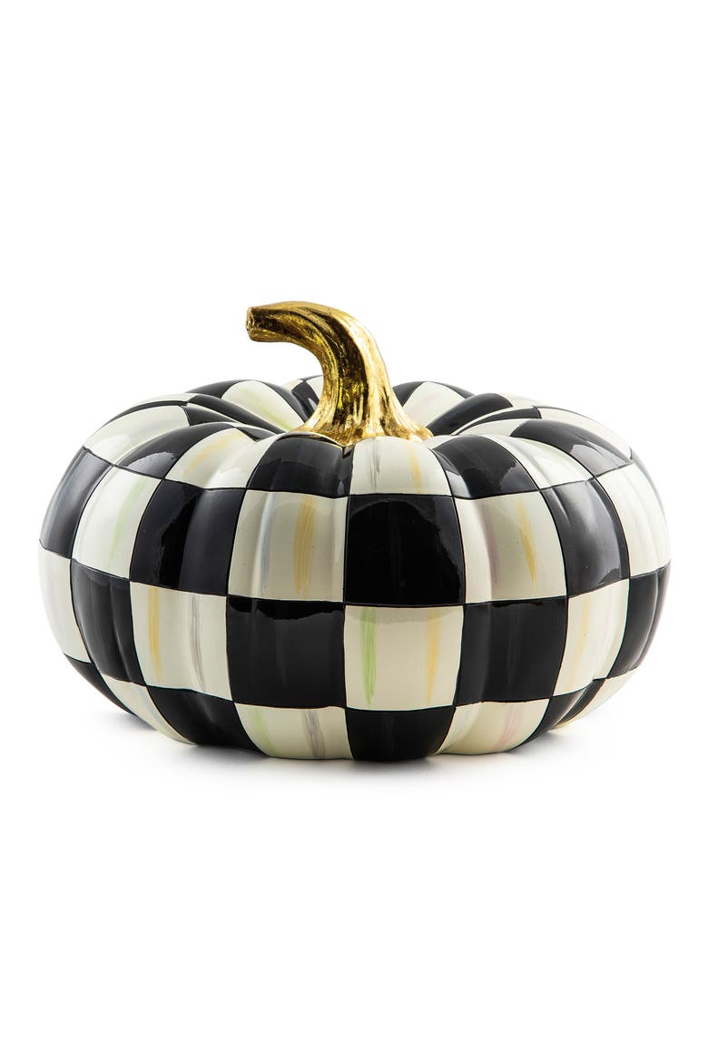 Courtly Check Squashed Glossy Pumpkin Ornament, Alternate, color, BLACK