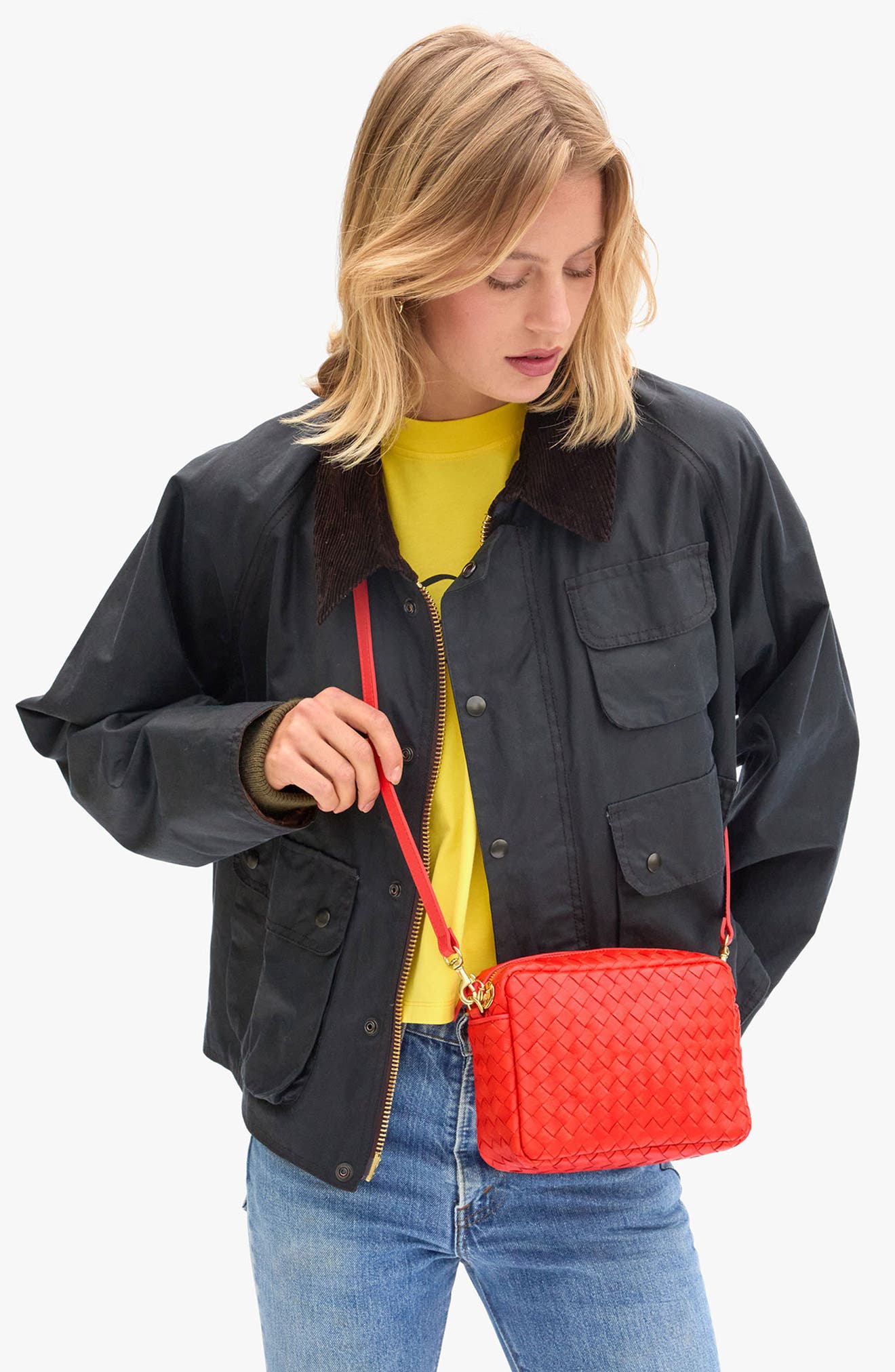 Clare V. Midi Sac Woven Leather Crossbody Bag, Alternate, color, Bright Poppy