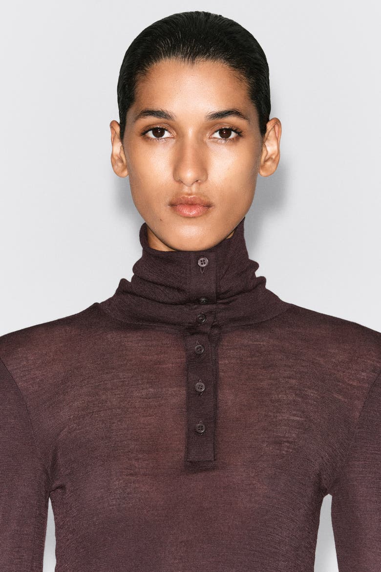 Merino Wool Buttoned Mock-Neck Top, Alternate, color, BURGUNDY