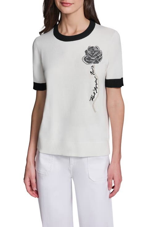 Beaded Rose & Faux Pearl Detail Short Sleeve Sweater
