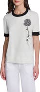 KARL LAGERFELD PARIS Beaded Rose & Faux Pearl Detail Short Sleeve Sweater