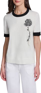 KARL LAGERFELD PARIS Beaded Rose & Faux Pearl Detail Short Sleeve Sweater