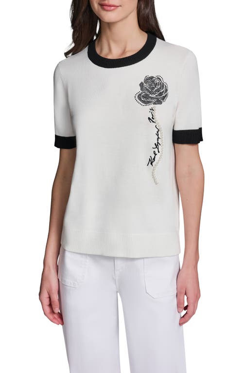 Karl Lagerfeld Paris Beaded Rose & Faux Pearl Detail Short Sleeve Sweater In White