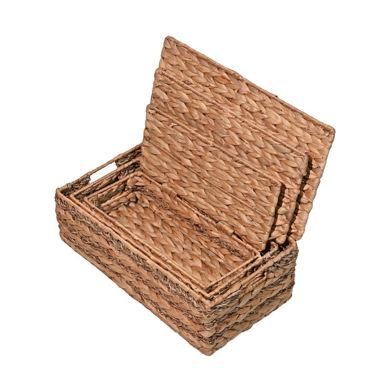 Happimess Brooks Classic Farmhouse - Set 3 Cesti Portaoggetti In Giacinto Intrecciato Con Coperchi E Manici, Marrone