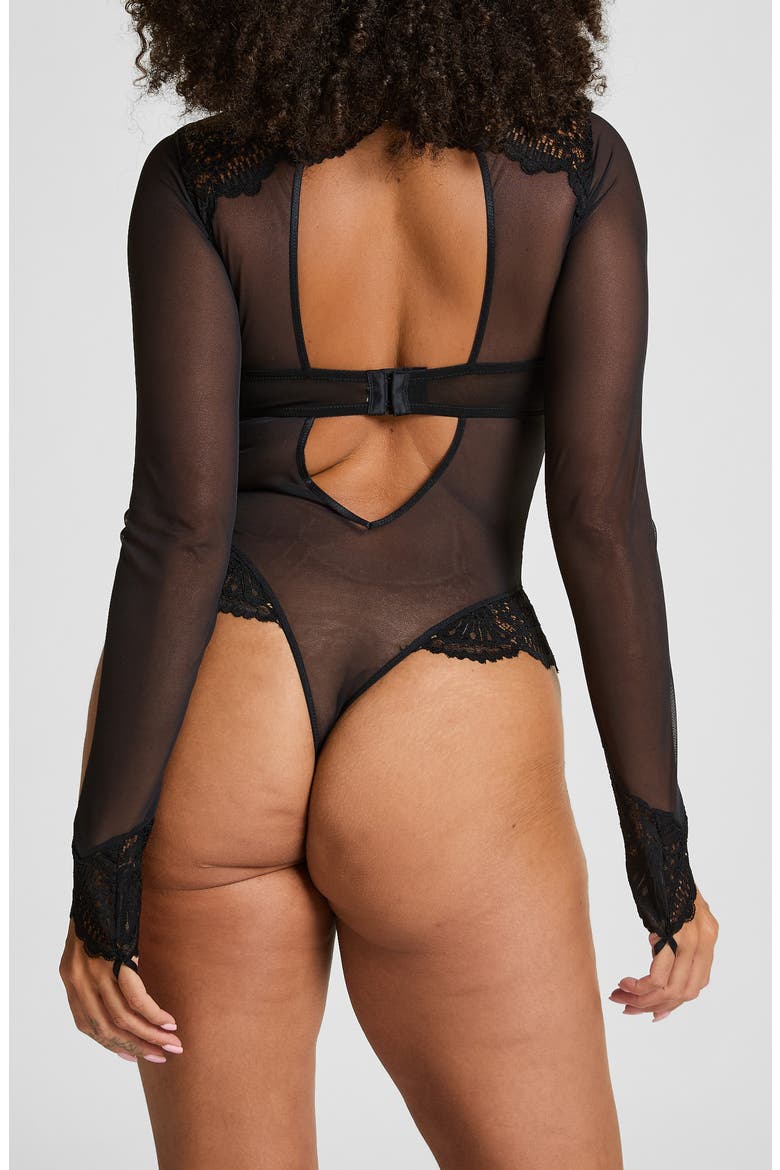Essie Long Sleeve Mesh & Lace Teddy, Alternate, color, CAVIAR