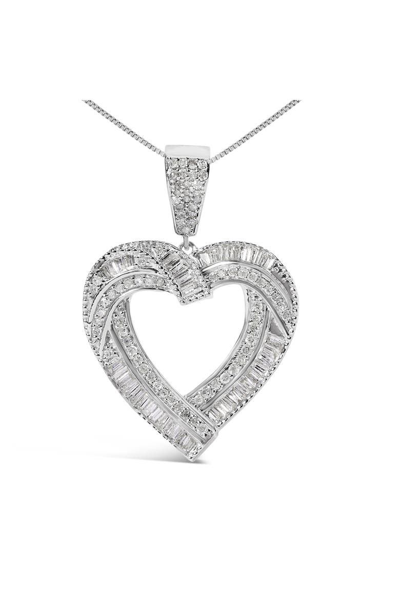 .925 Sterling Silver 1.00 Cttw Baguette and Round Diamond Open Heart Pendant Necklace, Alternate, color, Silver