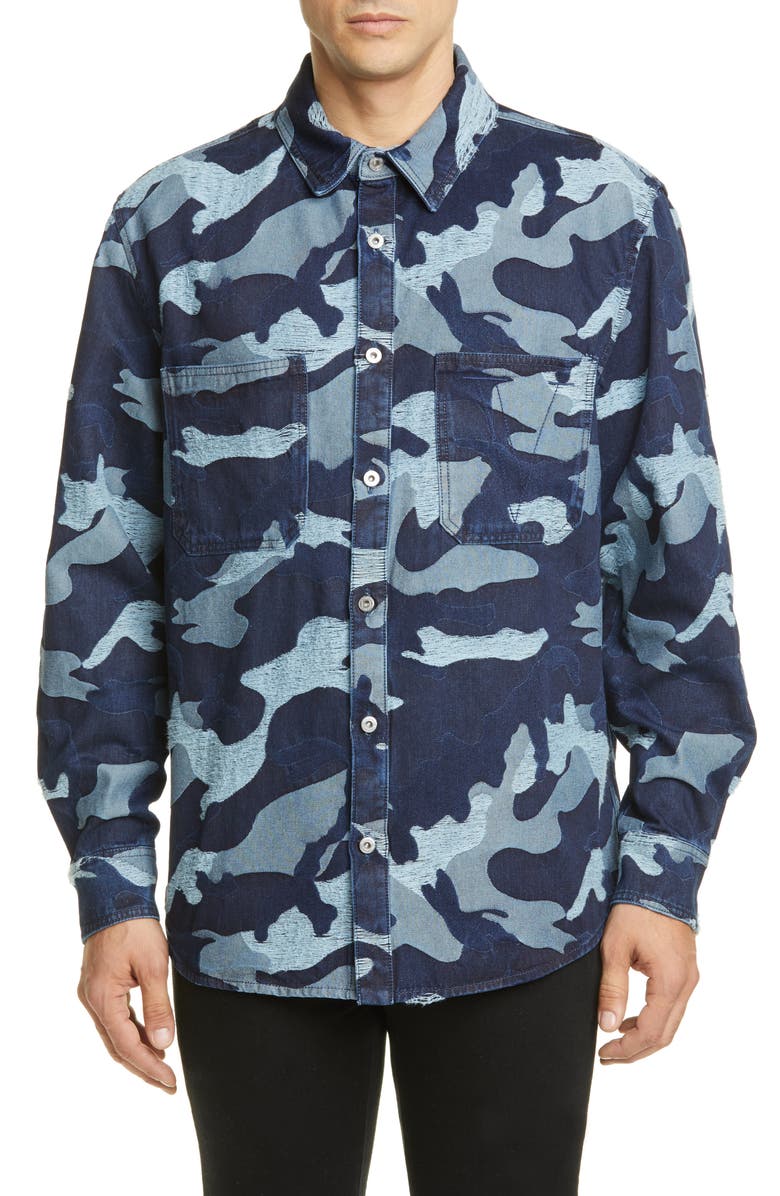 Valentino Camo Slim Fit Jacquard Denim Shirt, Main, color,