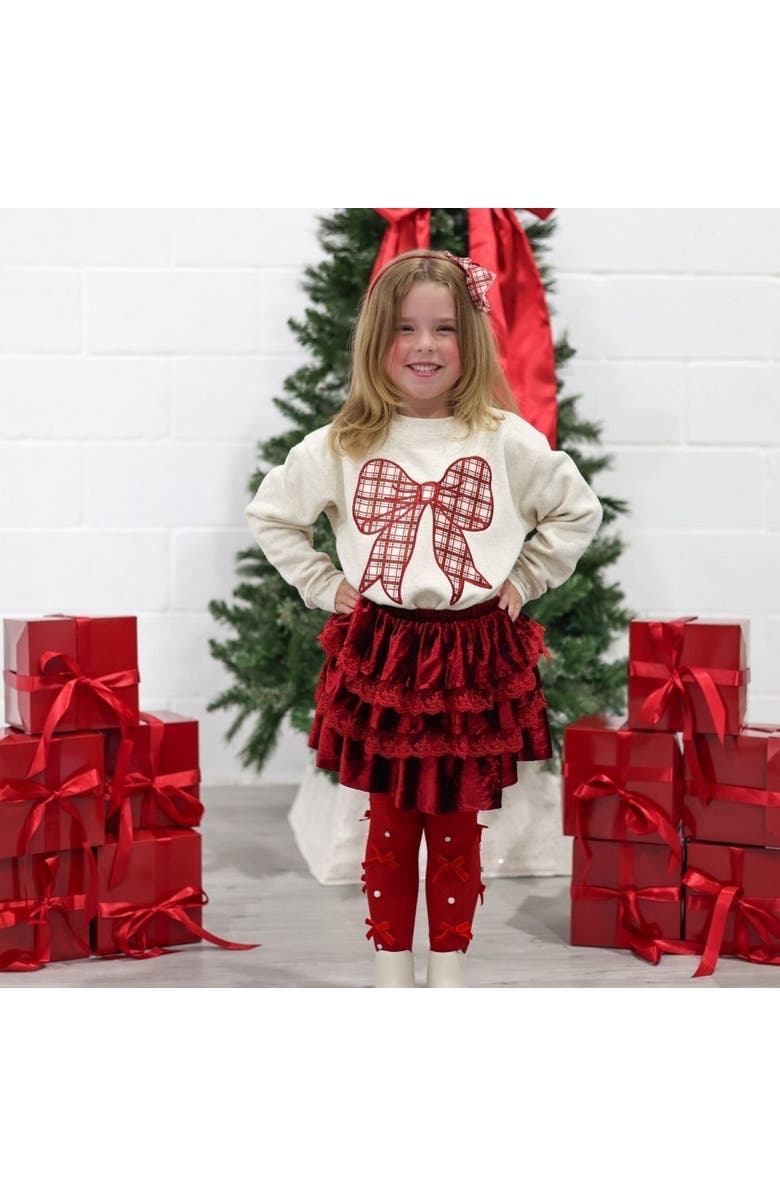 Sweet Wink Christmas Plaid Bow Patch Sweatshirt, Alternate, color, Natural