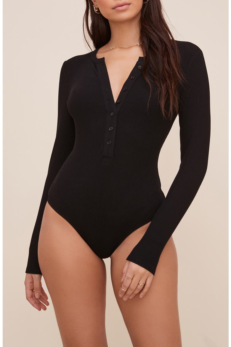 Ribbed Henley Bodysuit, Alternate, color, WASHED BLACK