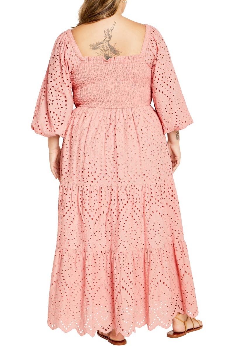 City Chic Eyelet Three-Quarter Sleeve Maxi Dress, Alternate, color, Peachy