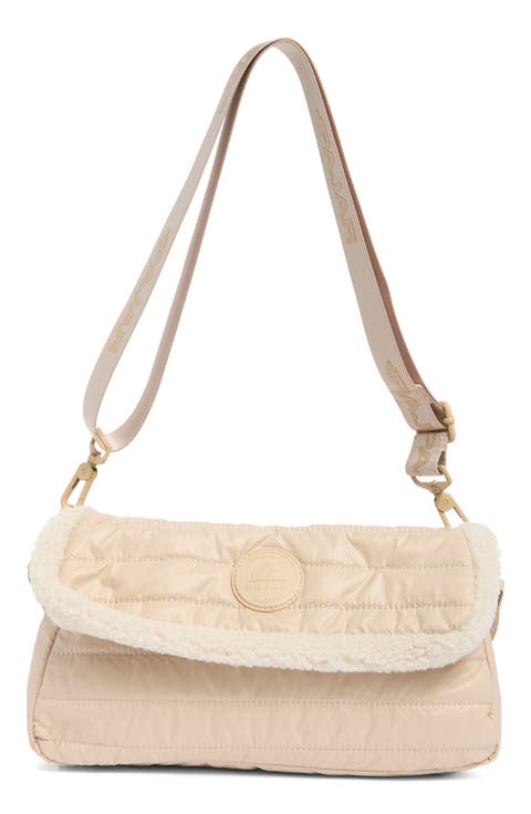Quilted Faux Shearling Trim Convertible Shoulder Bag