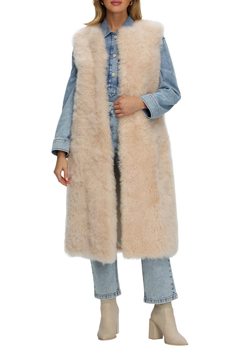 Genuine Shearling Collarless Long Vest, Main, color, LIGHT BEIGE