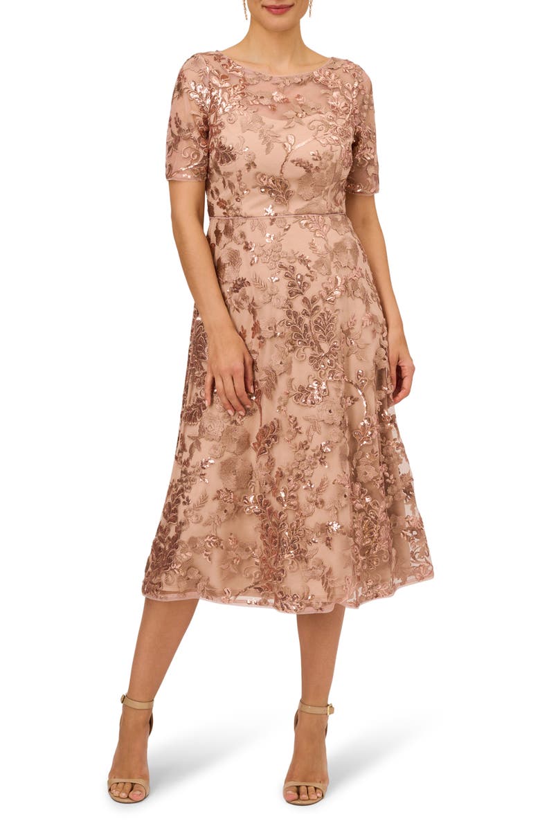 Adrianna Papell Embroidered Sequin Midi Fit & Flare Dress, Main, color, 