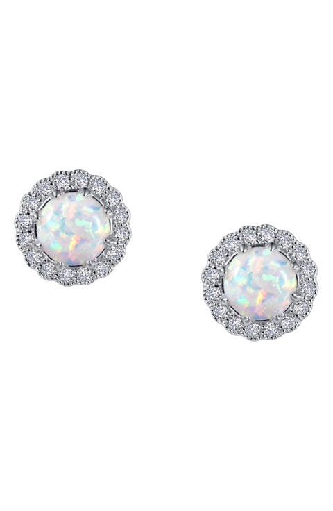 Simulated Opal & Simulated Diamond Halo Stud Earrings