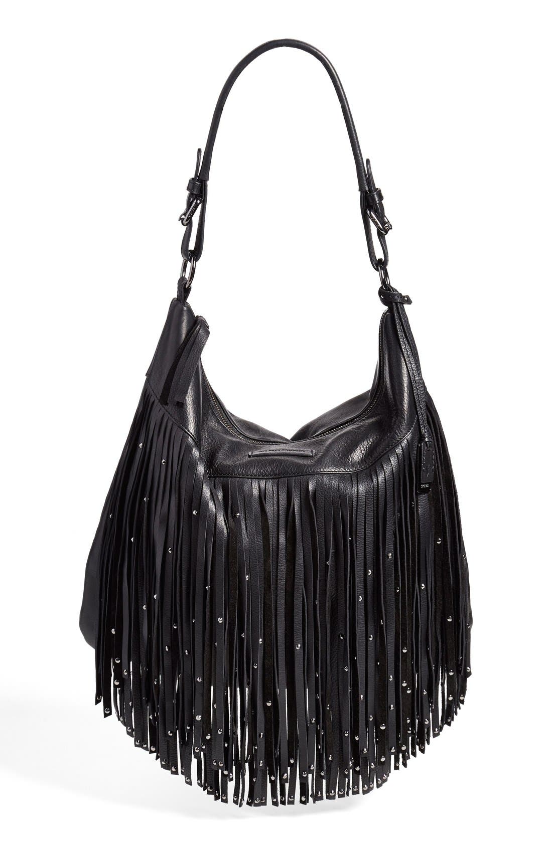 'Heidi' Studded Fringe Hobo, Main, color, BLACK STUD