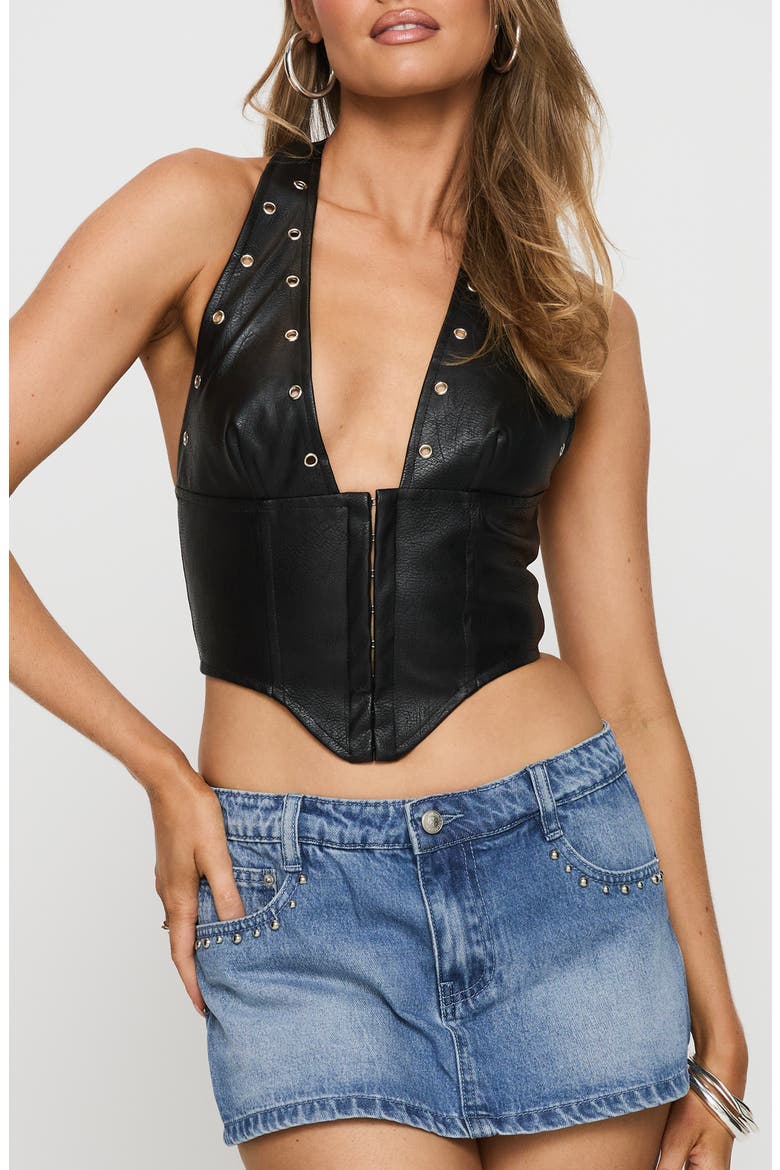Palladia Jordy Grommet Faux Leather Corset Halter Top, Main, color, BLACK