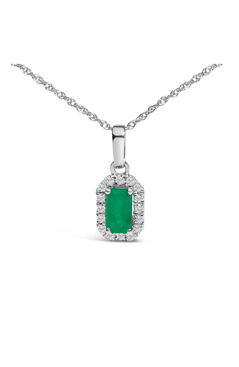 Haus of Brilliance 10K White Gold 5x3mm Birthstone and Diamond Accent Halo Octagonal Shape Pendant Necklace, Alternate, color, Green Emerald | White
