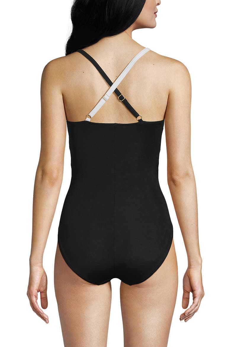 Slender Suit V-neck Pleated X-back One Piece Swimsuit Adjustable Straps, Alternate, color, Black/White