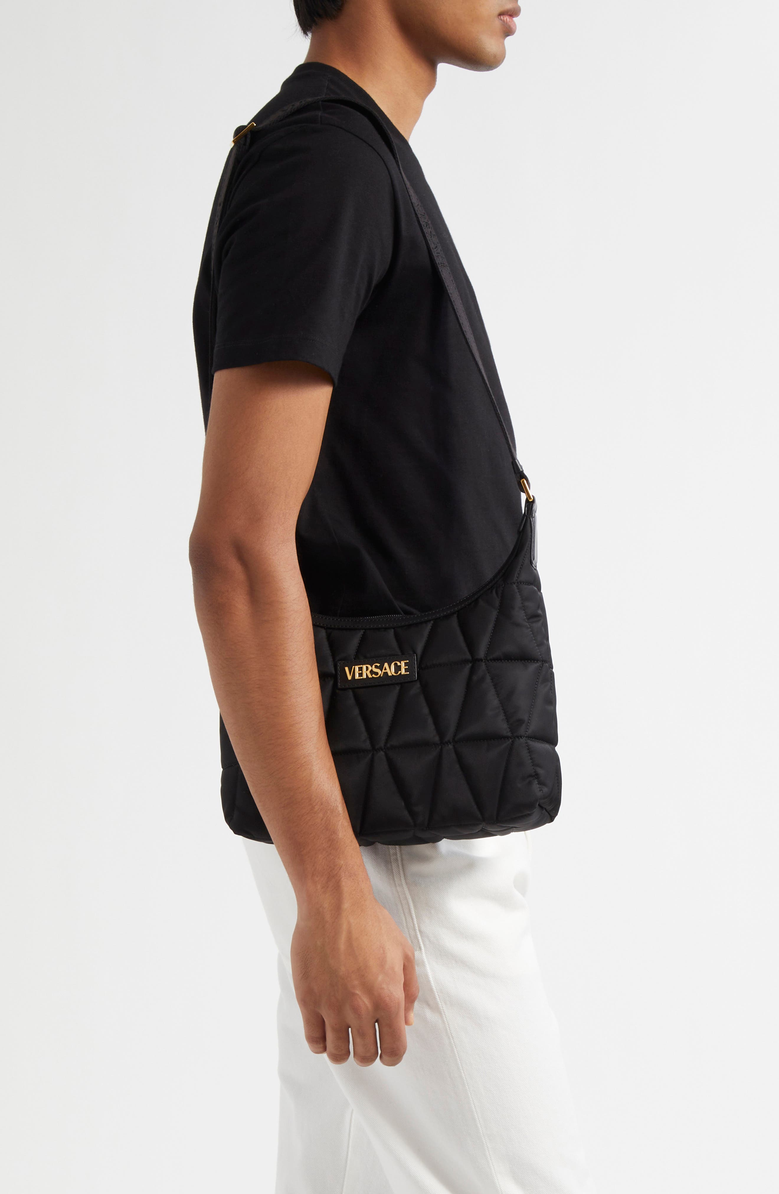 Versace Quilted Nylon Hobo Bag, Alternate, color, 