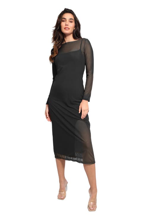 Shapewear Slimming Midi Dress and Sheer Mesh Overlay Set