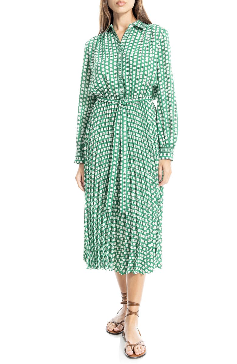 MAX STUDIO Long Sleeve Pleated Shirtdress, Main, color, Green/ Black White Print