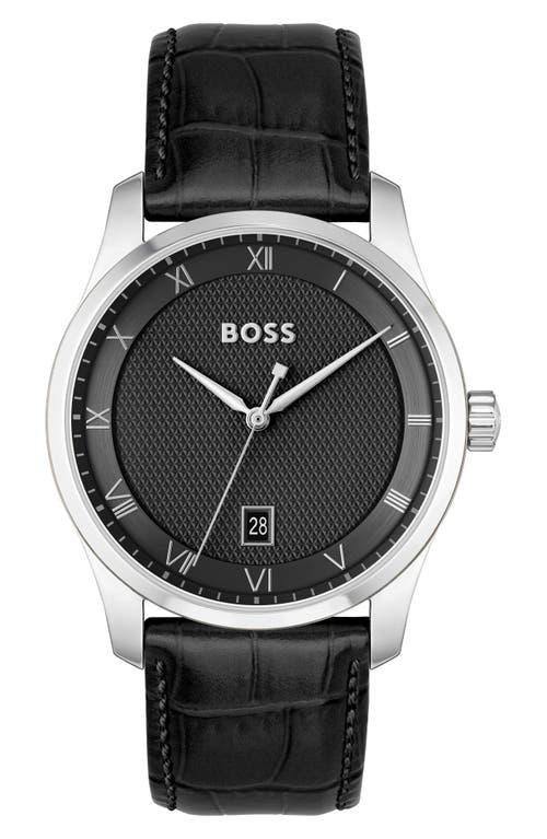 Hugo Boss Men Principle Quartz Basic Calendar Black Leather Watch 41mm In Black