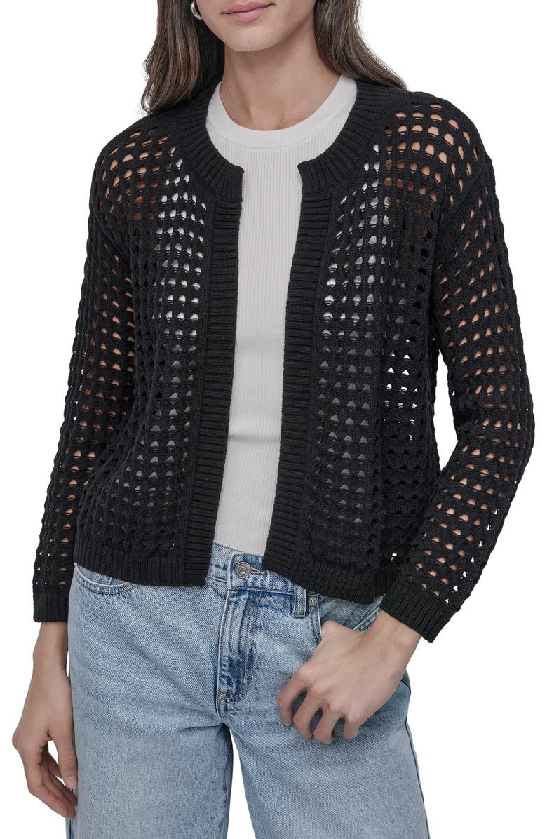 DKNY Jeans Open Stitch Cotton Cardigan, Main, color, Black