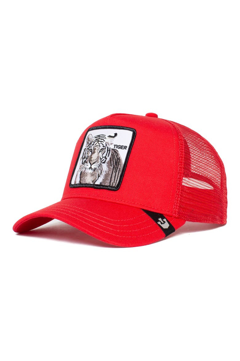The White Tiger Patch Trucker Hat, Main, color, RED