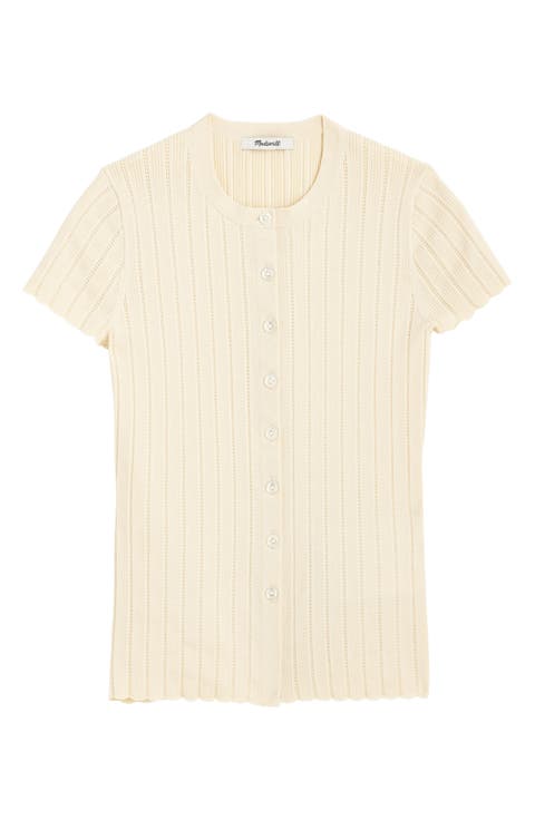 Cotton Blend Pointelle Short Sleeve Cardigan
