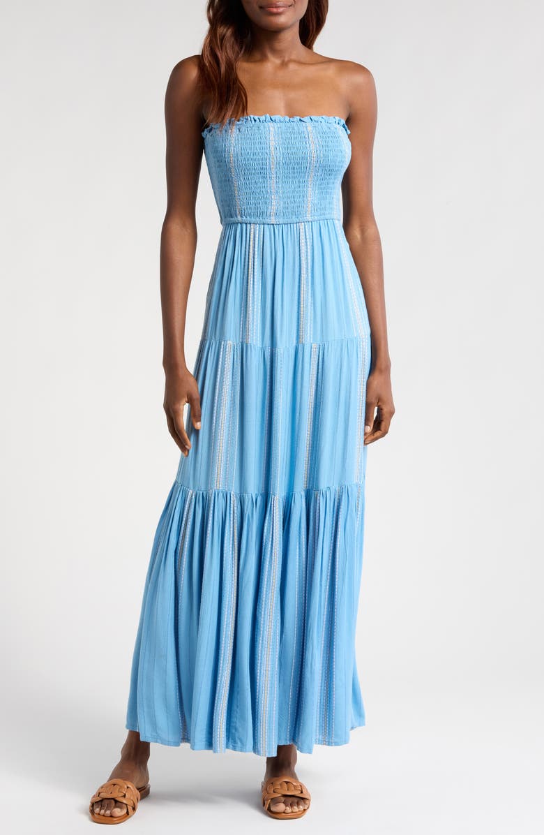 Elan Embroidered Stripe Strapless Tiered Dress, Main, color, Blue/ Lilac Stripe