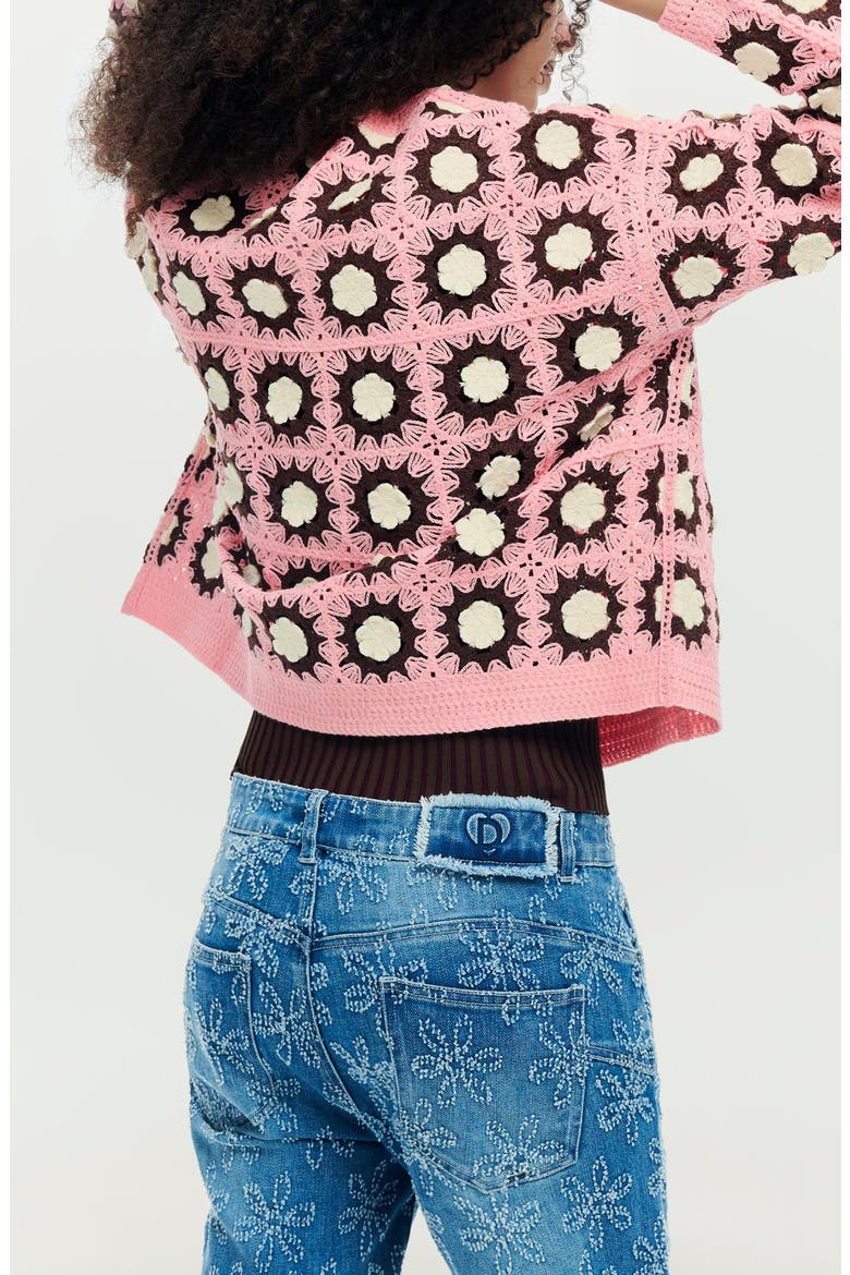 Granny Square Cotton Blend Crochet Cardigan, Alternate, color, DARK PINK