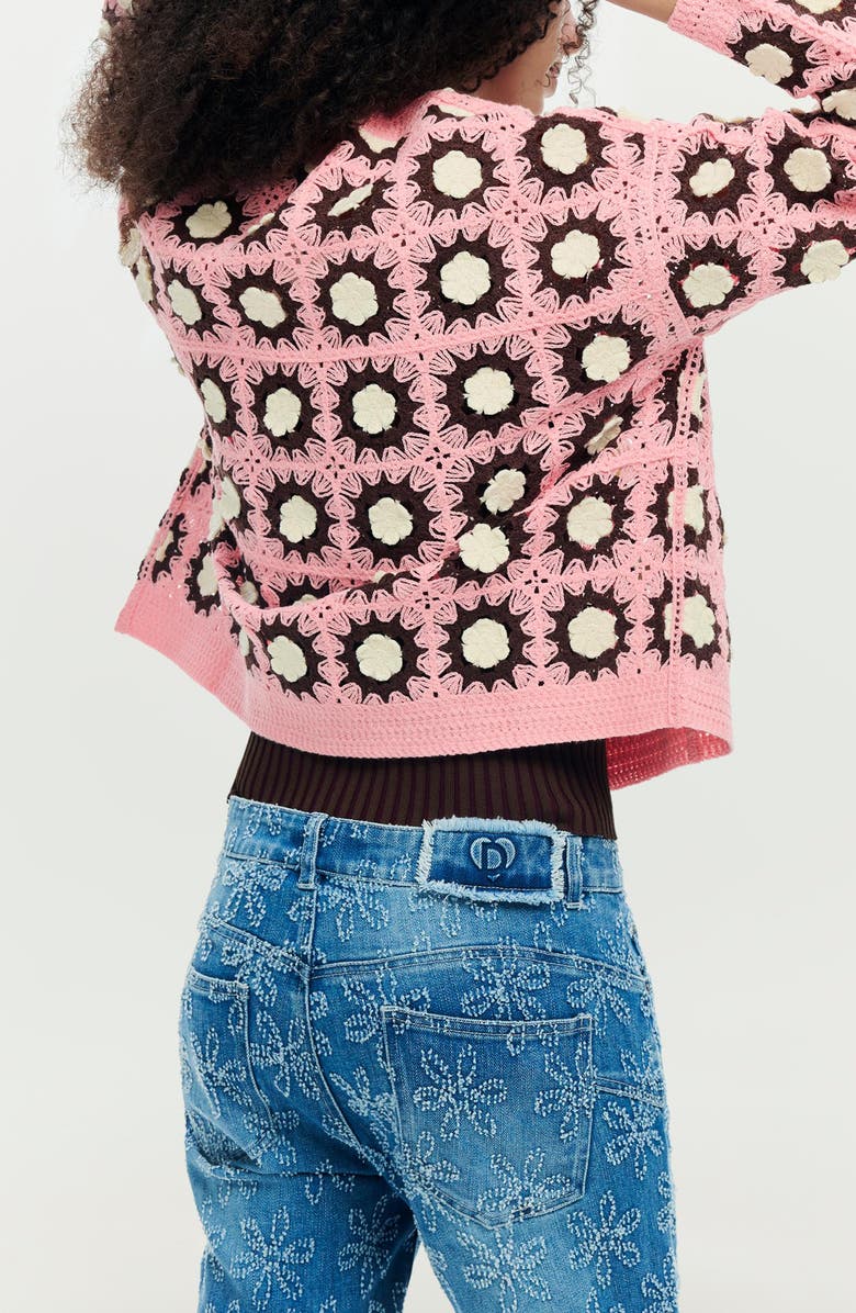Desigual Granny Square Cotton Blend Crochet Cardigan, Alternate, color, Dark Pink