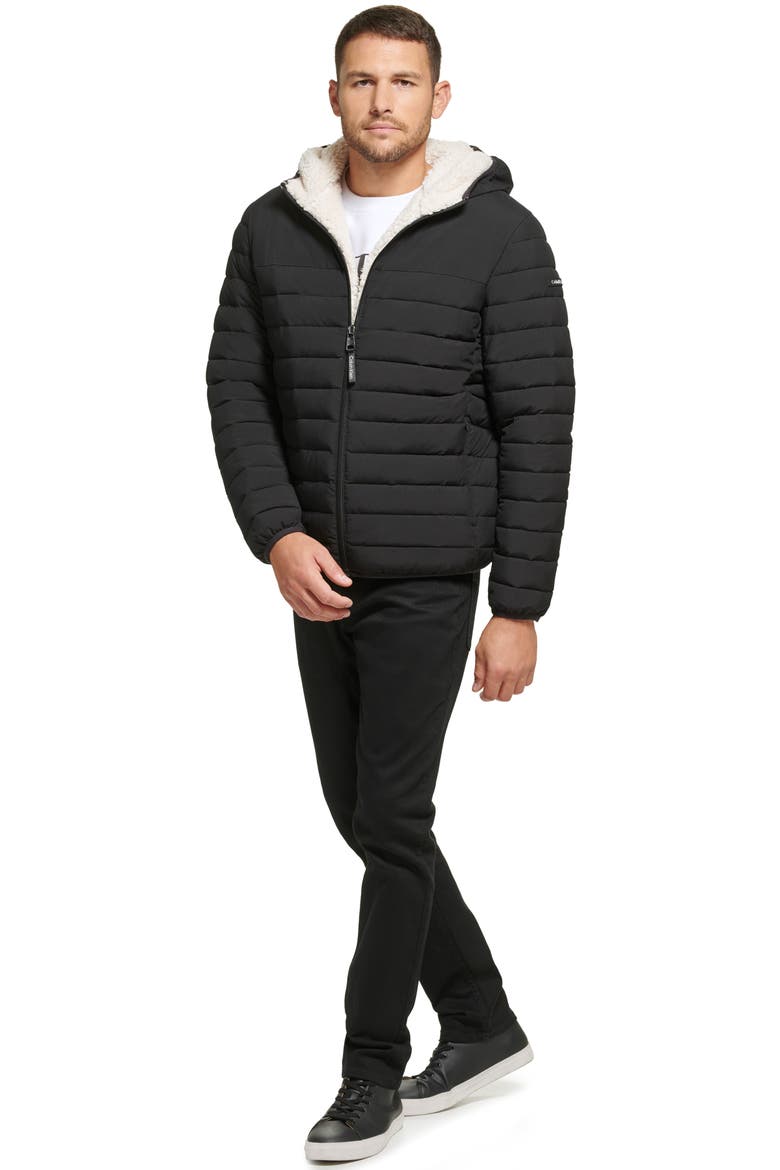 Faux Shearling Lined Hooded Puffer Jacket, Alternate, color, EBONY