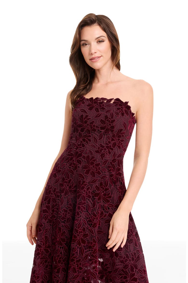 Kailyn Velvet Floral Lace Strapless Cocktail Dress, Alternate, color, OXBLOOD