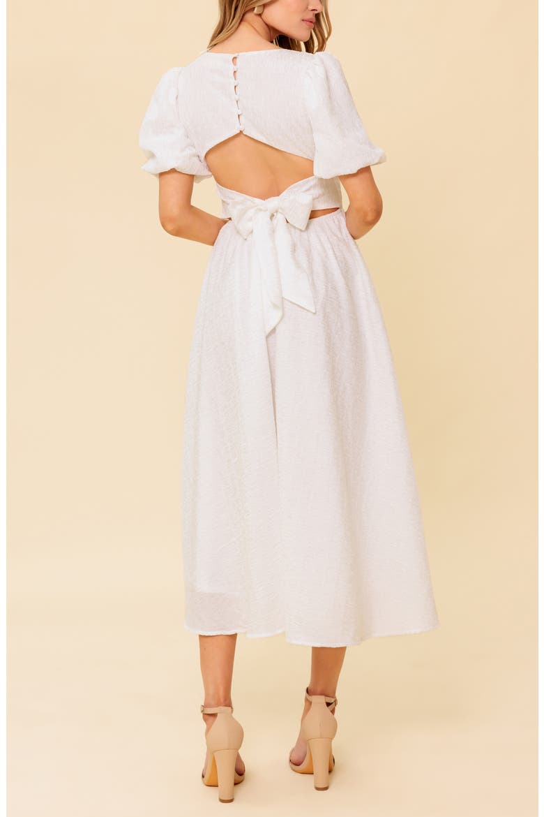 Puff Sleeve Tie Back Fit & Flare Midi Dress, Alternate, color, IVORY