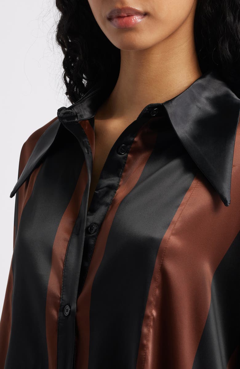 Dressed in Lala Posh Stripe Oversize Satin Button-Up Shirt & Pants Set, Alternate, color, Brown/ Black Stripe