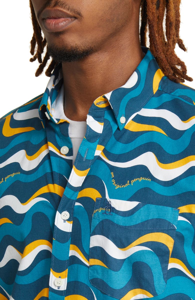 Original Penguin Wavy Print Short Sleeve Button-Down Shirt, Alternate, color, 