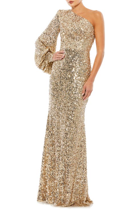 Sequined One Shoulder Bishop Sleeve Trumpet Gown