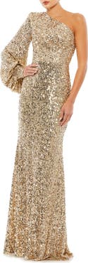 Mac Duggal Sequined One Shoulder Bishop Sleeve Trumpet Gown
