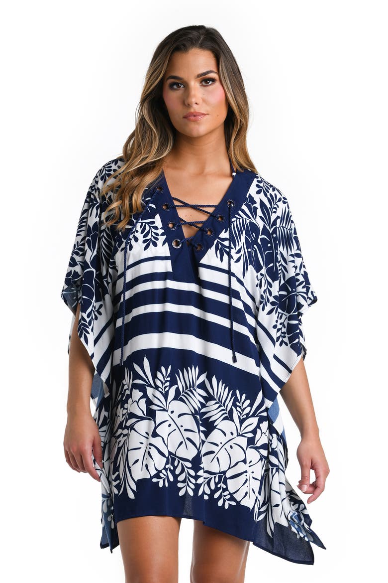 Lace-Up Cover-Up Caftan, Alternate, color, INDIGO