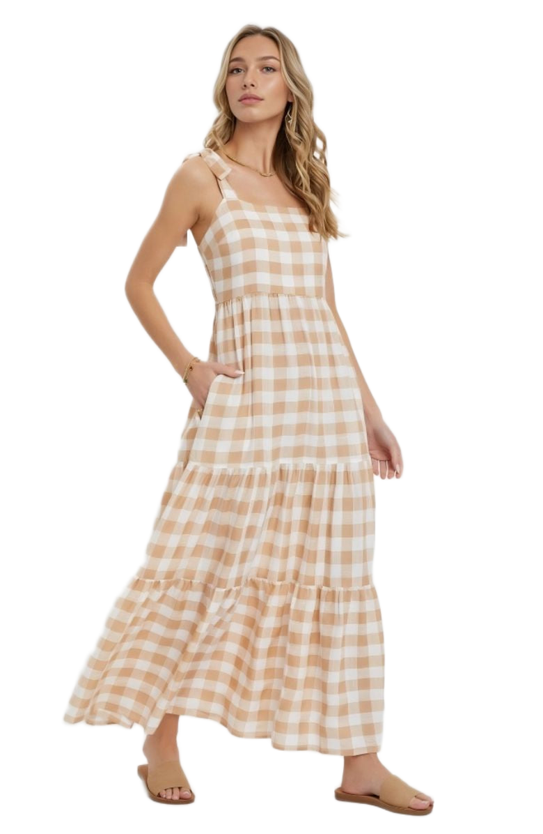 Knit and Lounge Gingham Tiered Maxi Dress with Tie Straps, Alternate, color, 