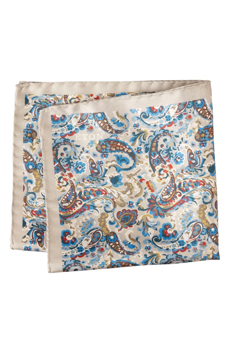 Eton Beige Paisley Silk Pocket Square, Main, color, Light Beige