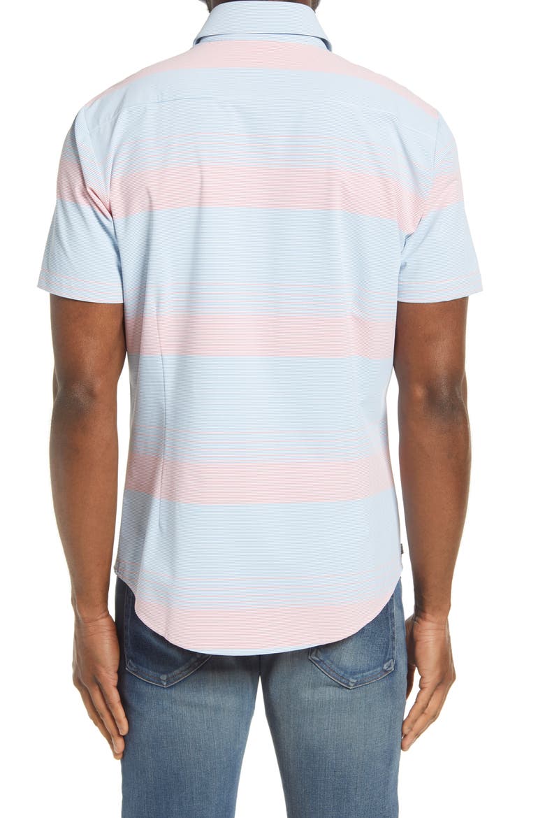 Leeward Trim Fit Stripe Short Sleeve Button-Up Performance Shirt, Alternate, color, BLUE RED STRIPE