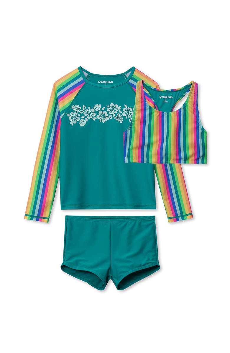 Lands' End Girls Chlorine Resistant Long Sleeve Rash Guard Boyshort 3 Piece Swimsuit Set, Main, color, Ceramic Blue Rainbow Stripe