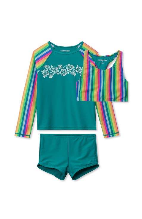 Girls Chlorine Resistant Long Sleeve Rash Guard Boyshort 3 Piece Swimsuit Set