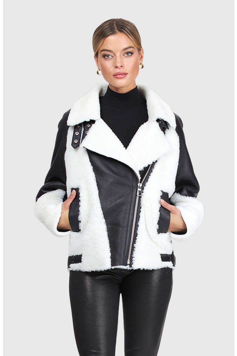 Genuine Shearling  Asymmetrical Zip Jacket, Alternate, color, BLACK/WHITE