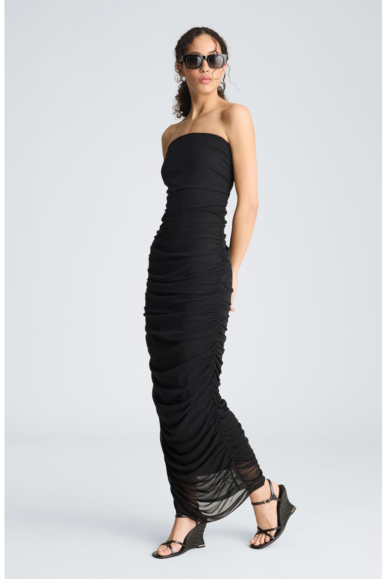 Strapless Ruched Midi Dress, Alternate, color, BLACK