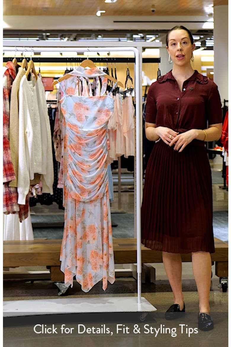 Floral Ruched Drop Waist Midi Dress with Removable Scarf video