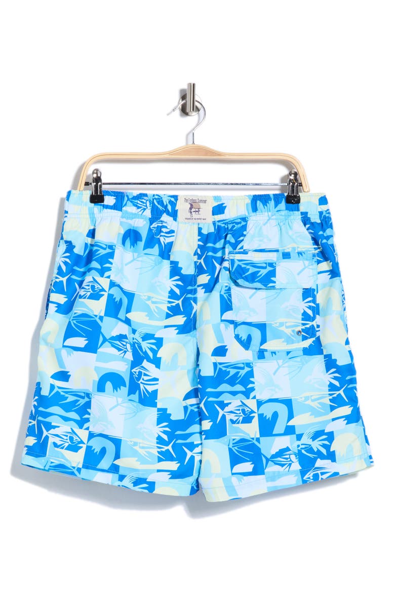 Fish Print Volley Swim Trunks, Alternate, color, BLUE