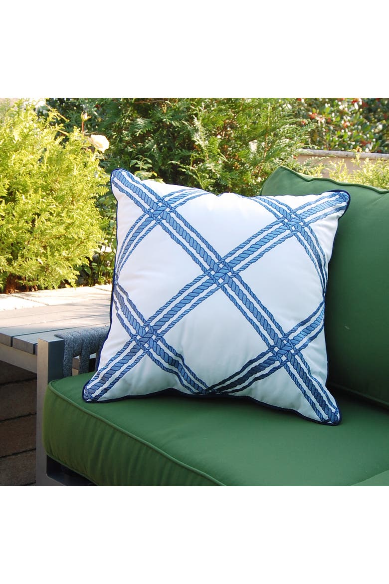 Rope Lattice White Indoor/Outdoor Accent Pillow, Alternate, color, Blue
